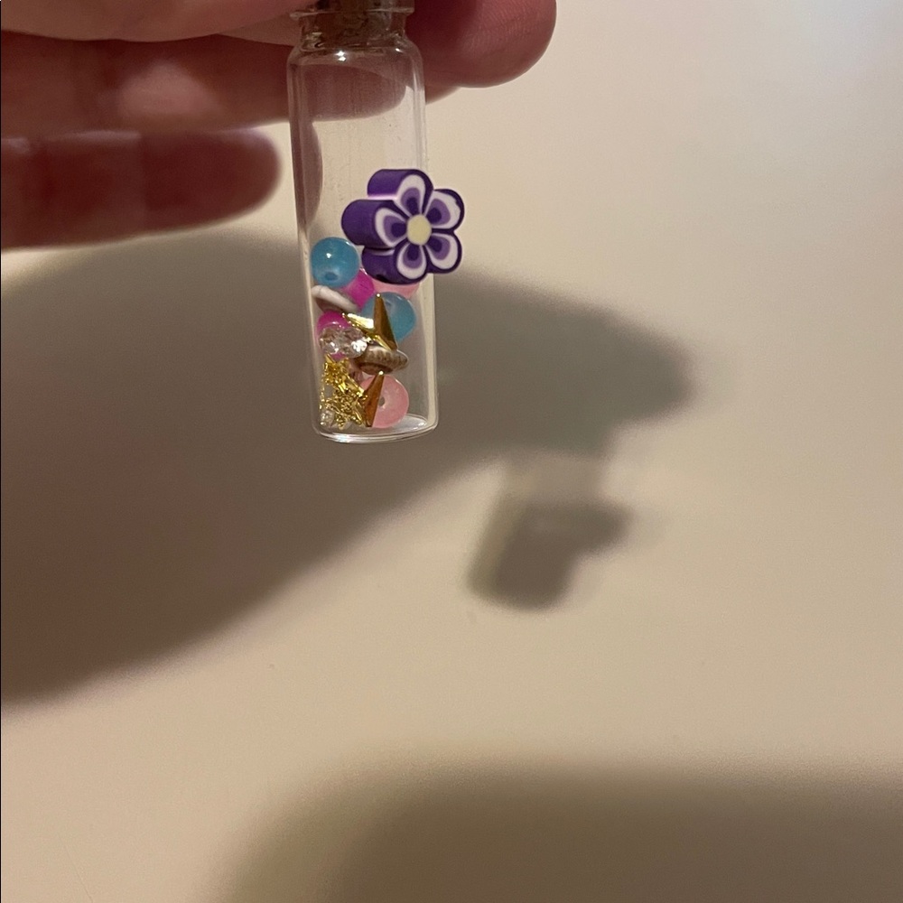 Miniature Glass Bottle with Purple Flower Necklace Charm NEW - Picture 2 of 2